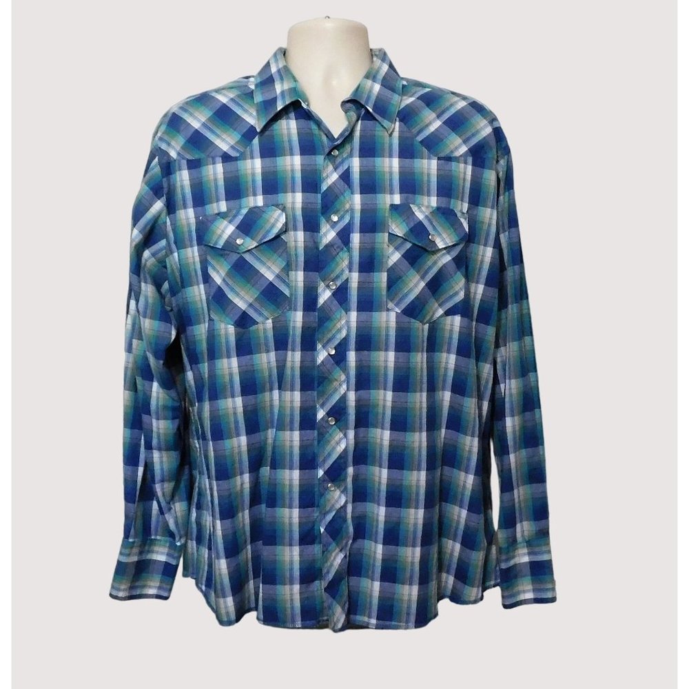 Wrangler Western Snap Shirt XL Blue Green White Plaid Long Sleeve Cotton Blend